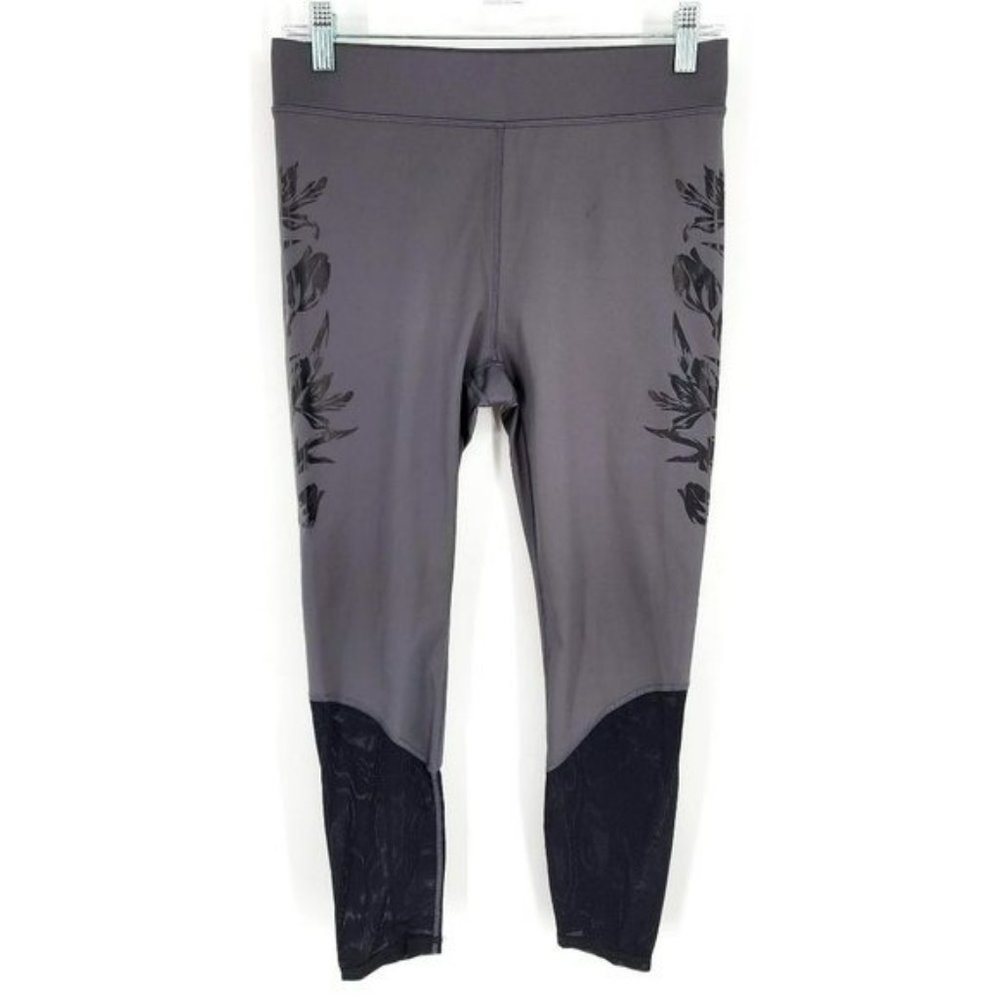 Fabletics Leggings Grey Black Floral Vinyl Design Mesh Panel Activewear Stretch